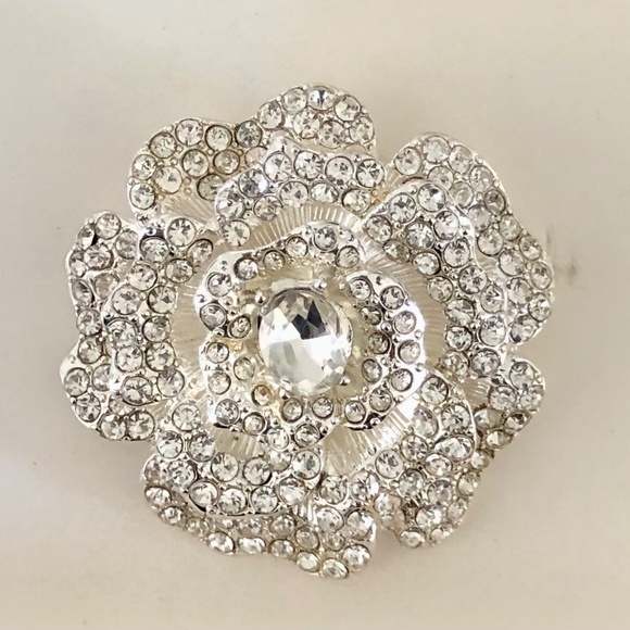 Anne Klein Rose Pin Brooch Silver with Clear Rhinestones Sparkly Lapel - Picture 2 of 6